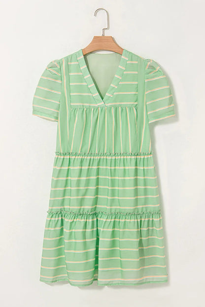 Stripe V Neck Short Sleeve Frilled Detail Dress - adritiX