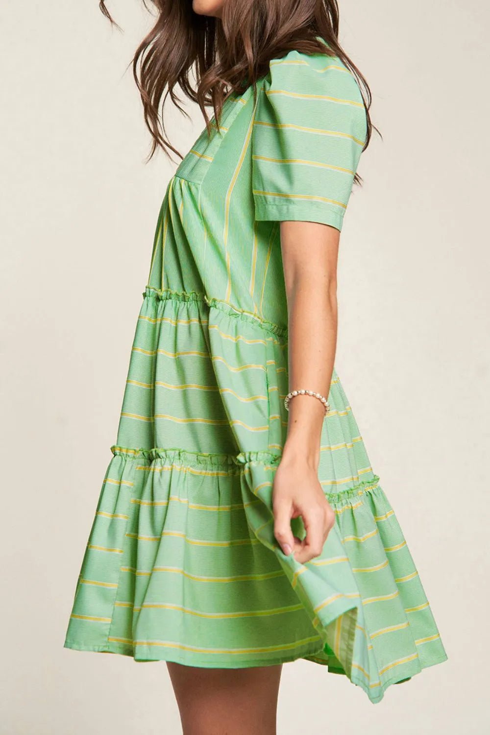 Stripe V Neck Short Sleeve Frilled Detail Dress - adritiX