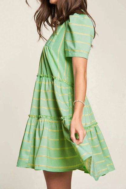 Stripe V Neck Short Sleeve Frilled Detail Dress - adritiX