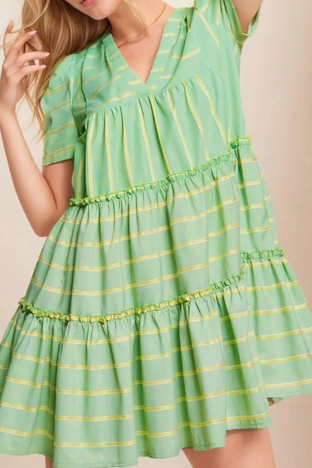 Stripe V Neck Short Sleeve Frilled Detail Dress - adritiX