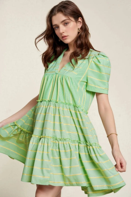 Stripe V Neck Short Sleeve Frilled Detail Dress - adritiX