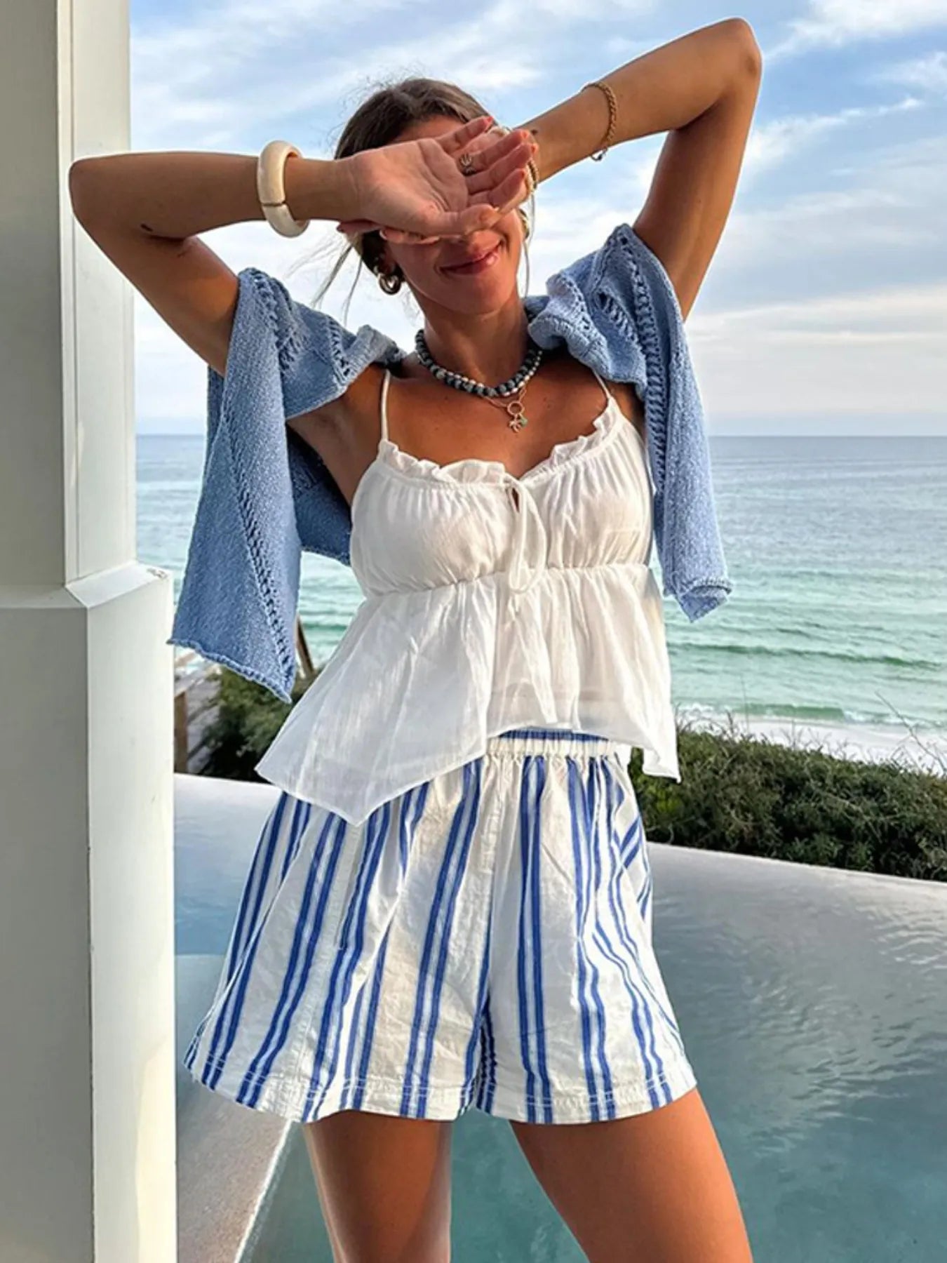 Striped High - Waist Linen Blend Summer Shorts - adritiX