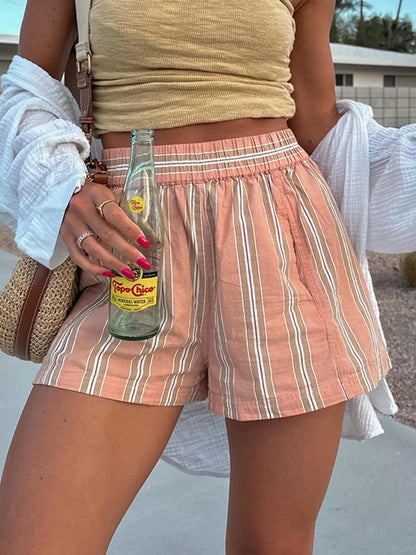 Striped High - Waist Linen Blend Summer Shorts - adritiX
