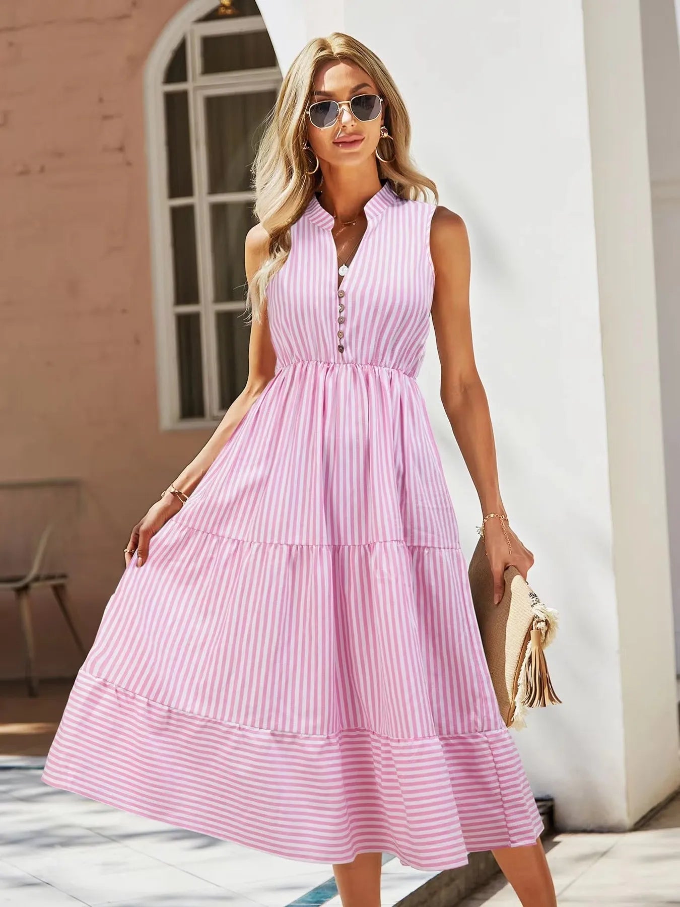 Striped Sleeveless Tiered Midi Dress - adritiX