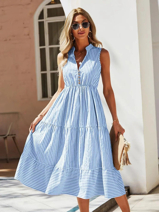 Striped Sleeveless Tiered Midi Dress - adritiX