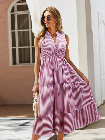 Striped Sleeveless Tiered Midi Dress - adritiX