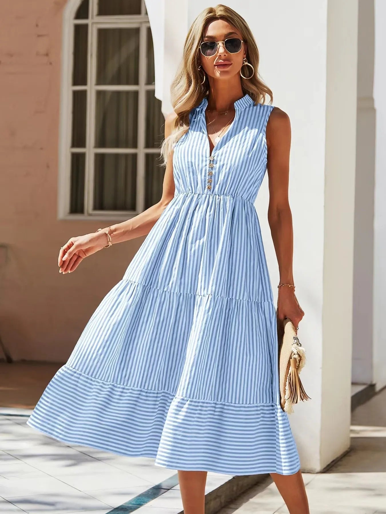 Striped Sleeveless Tiered Midi Dress - adritiX