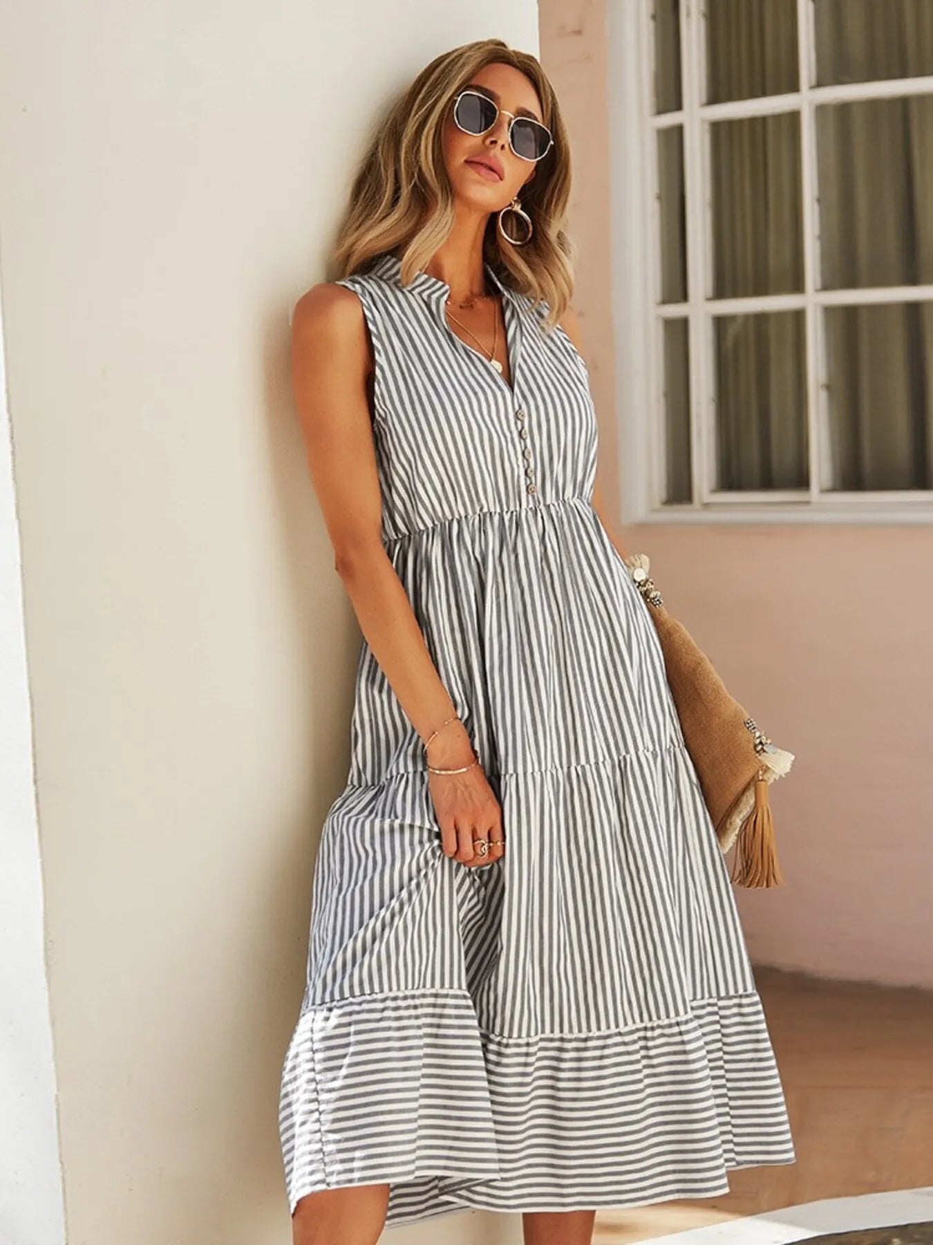 Striped Sleeveless Tiered Midi Dress - adritiX