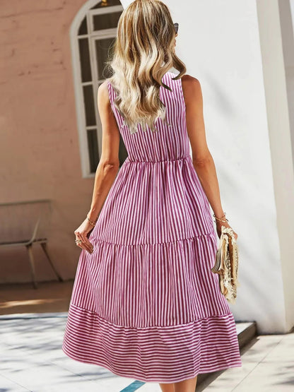 Striped Sleeveless Tiered Midi Dress - adritiX