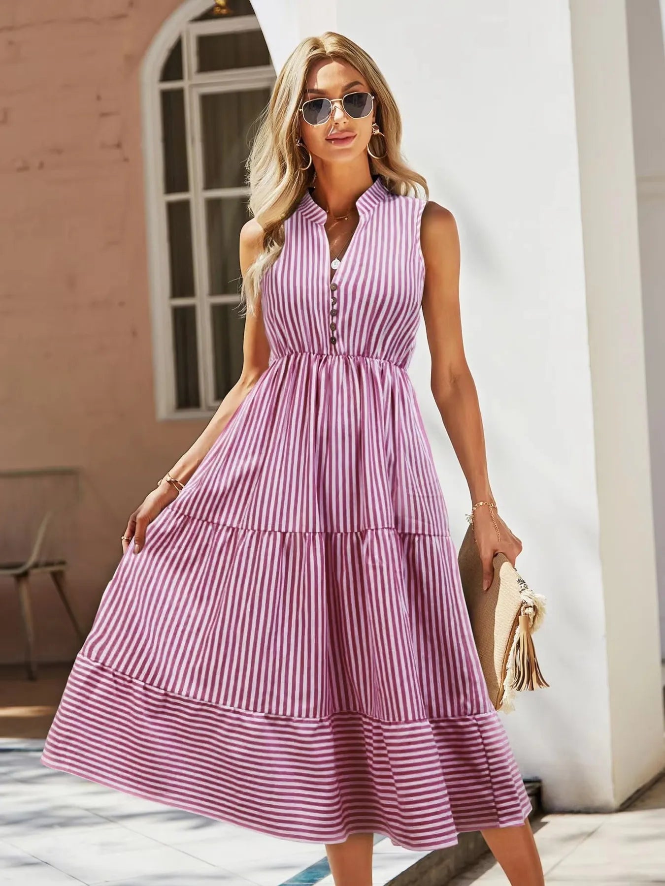 Striped Sleeveless Tiered Midi Dress - adritiX