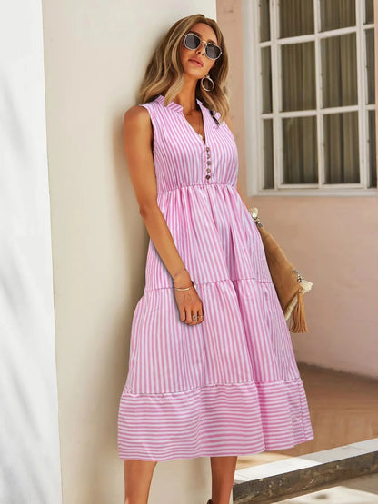 Striped Sleeveless Tiered Midi Dress - adritiX