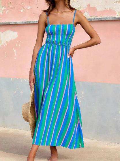 Striped Spaghetti Strap Summer Maxi Dress - adritiX