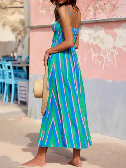 Striped Spaghetti Strap Summer Maxi Dress - adritiX