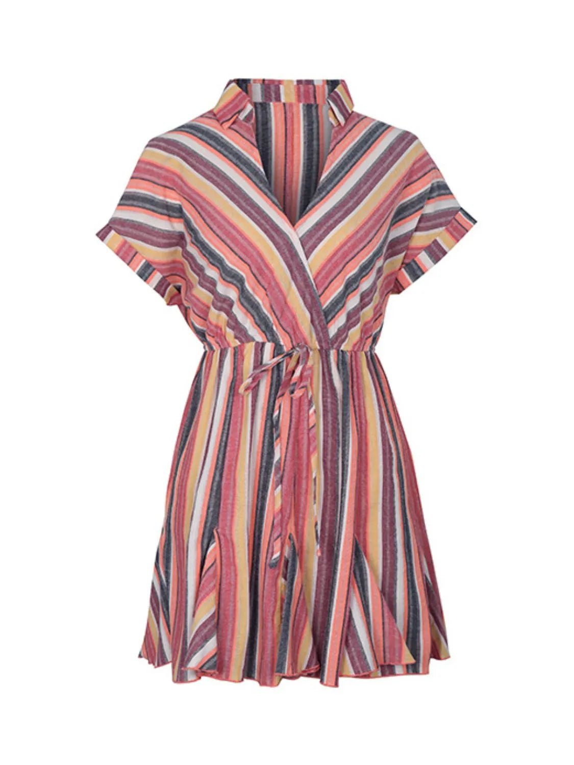Striped Surplice Short Sleeve Dress - adritiX