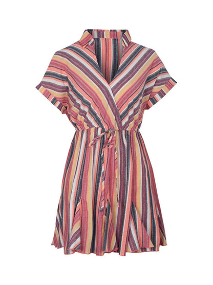 Striped Surplice Short Sleeve Dress - adritiX