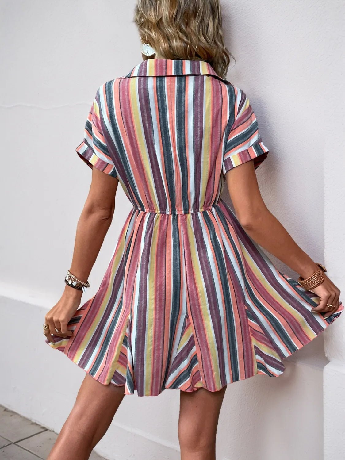 Striped Surplice Short Sleeve Dress - adritiX