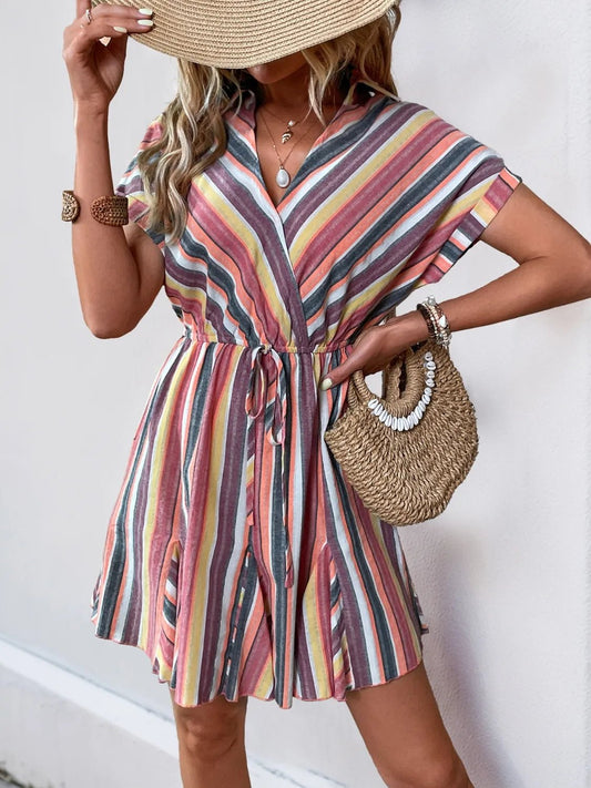 Striped Surplice Short Sleeve Dress - adritiX