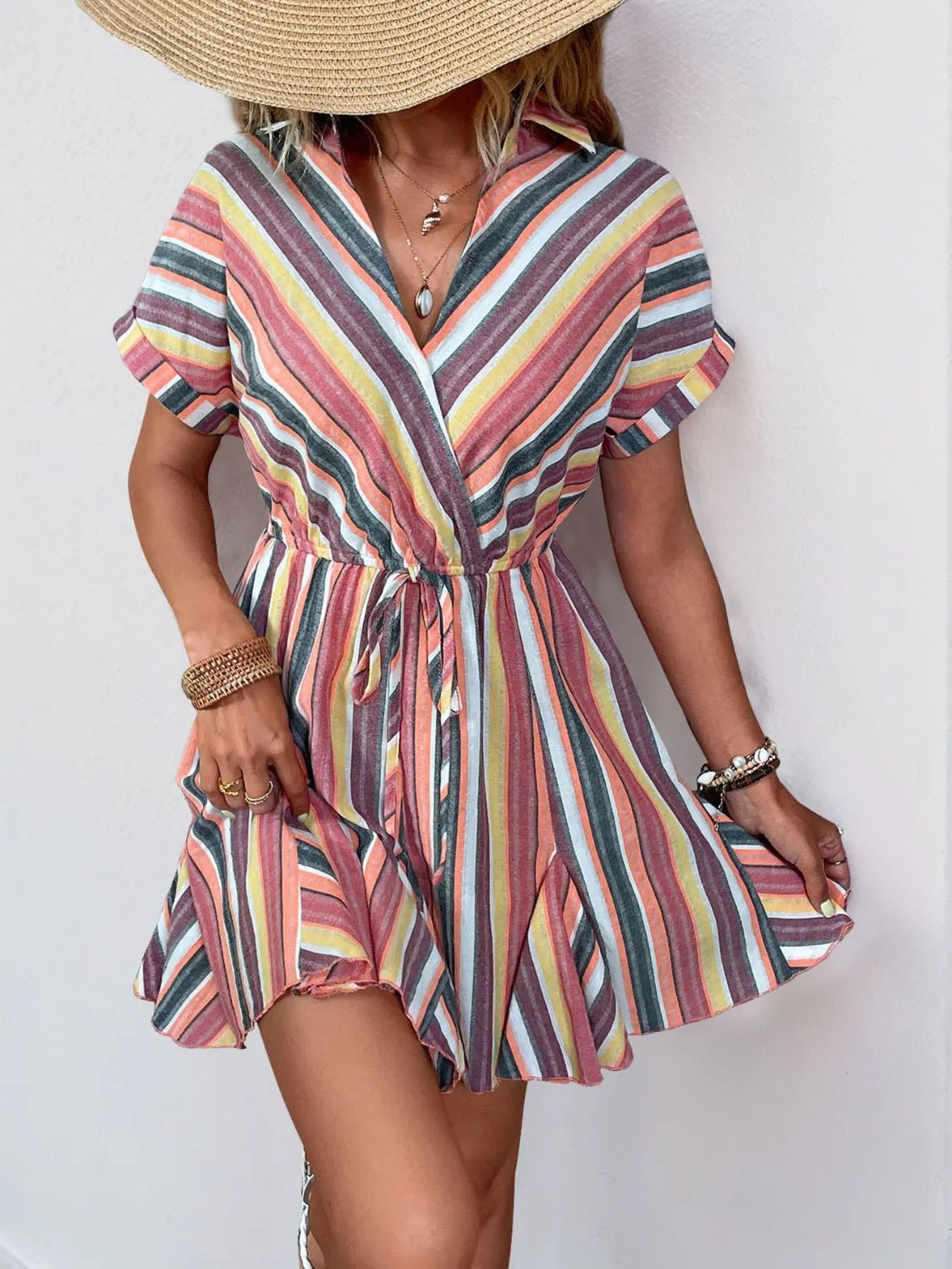 Striped Surplice Short Sleeve Dress - adritiX