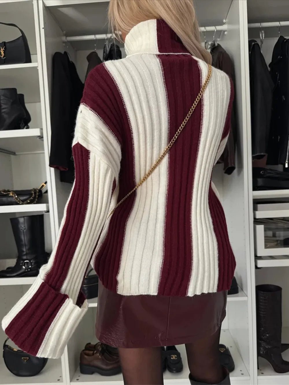 Striped Turtleneck Dropped Shoulder Sweater - adritiX
