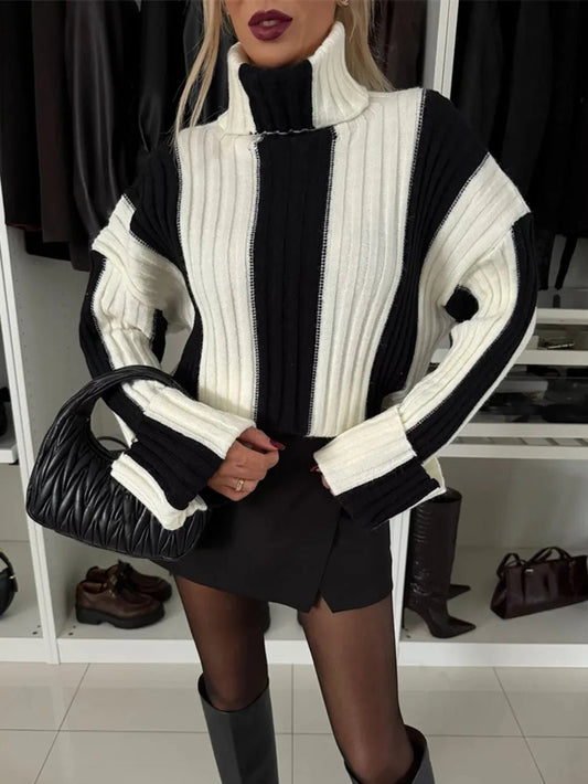 Striped Turtleneck Dropped Shoulder Sweater - adritiX