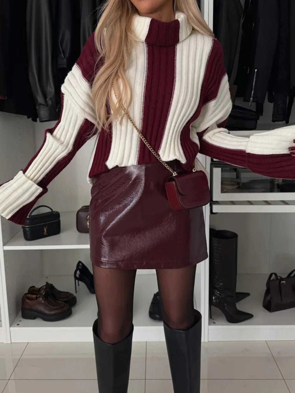 Striped Turtleneck Dropped Shoulder Sweater - adritiX