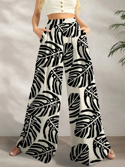 Stylish Brand Printed Wide Leg Pants for Effortless Elegance - adritiX