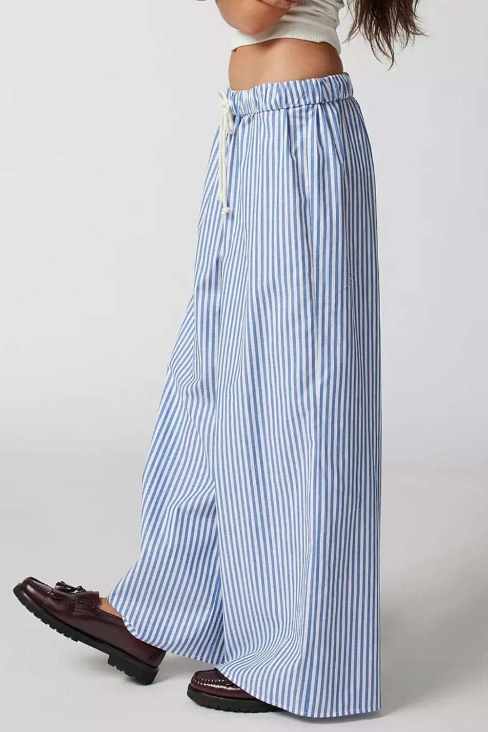 Stylish Striped Wide Leg Pants with Adjustable Drawstring for Effortless Chic - adritiX