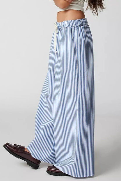 Stylish Striped Wide Leg Pants with Adjustable Drawstring for Effortless Chic - adritiX