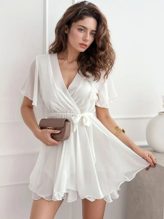 Surplice Flutter Sleeve Mini Dress - adritiX