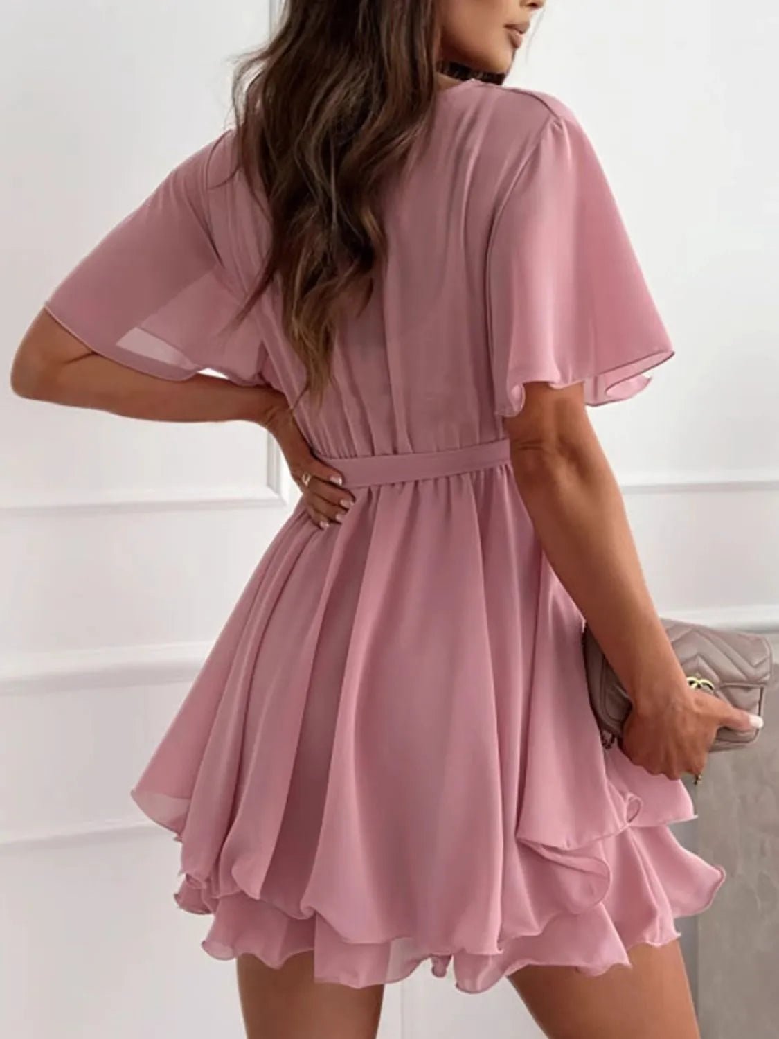Surplice Flutter Sleeve Mini Dress - adritiX