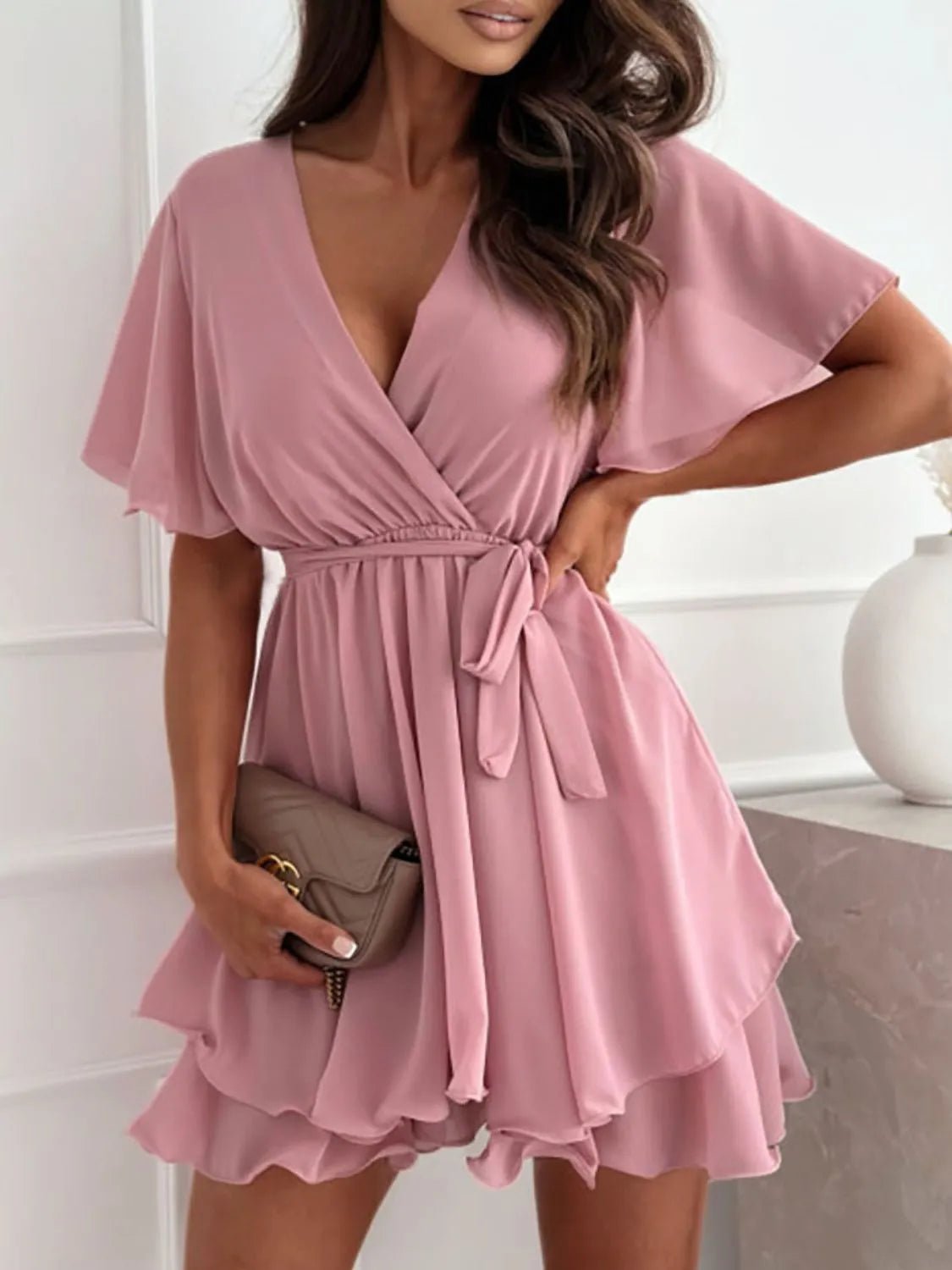 Surplice Flutter Sleeve Mini Dress - adritiX