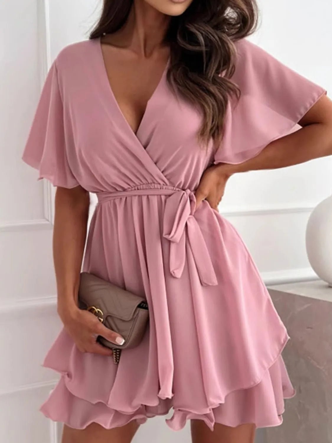 Surplice Flutter Sleeve Mini Dress - adritiX
