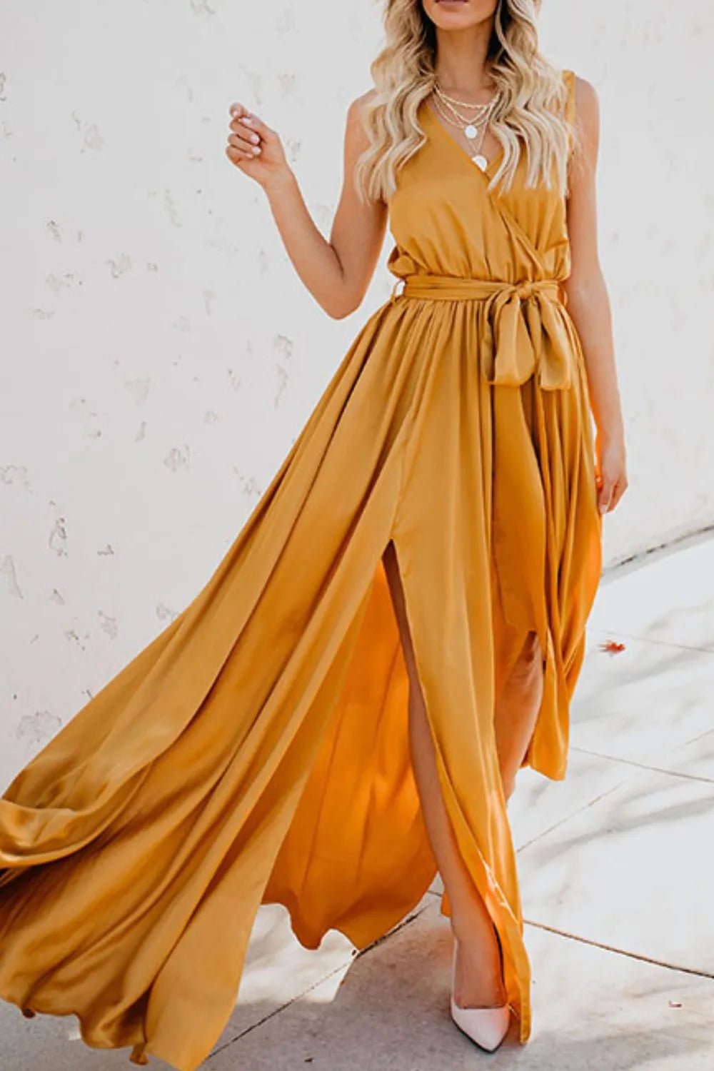 Surplice Tie Waist Maxi Dress - adritiX