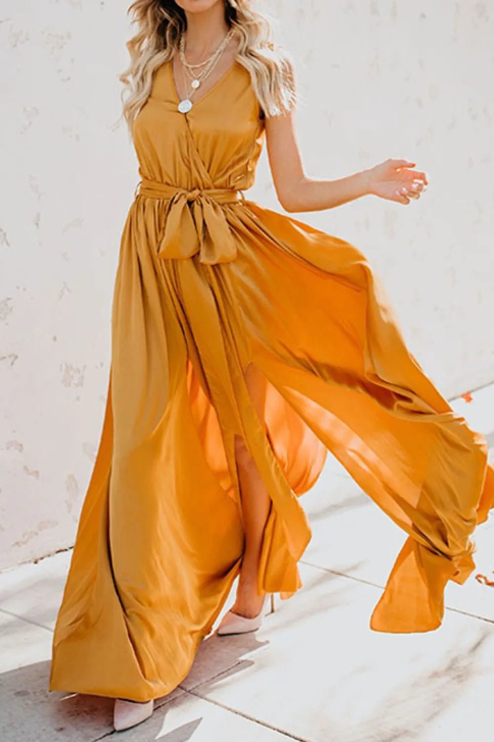 Surplice Tie Waist Maxi Dress - adritiX