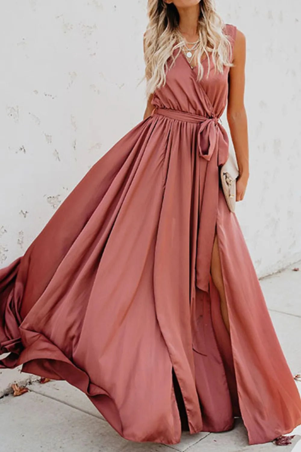 Surplice Tie Waist Maxi Dress - adritiX