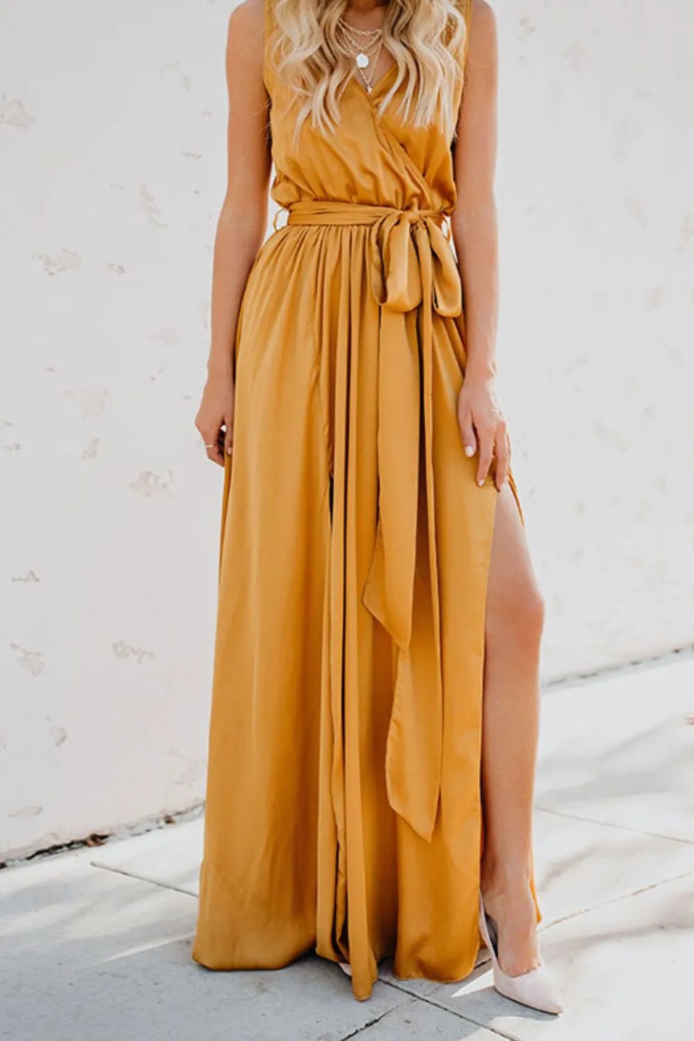 Surplice Tie Waist Maxi Dress - adritiX