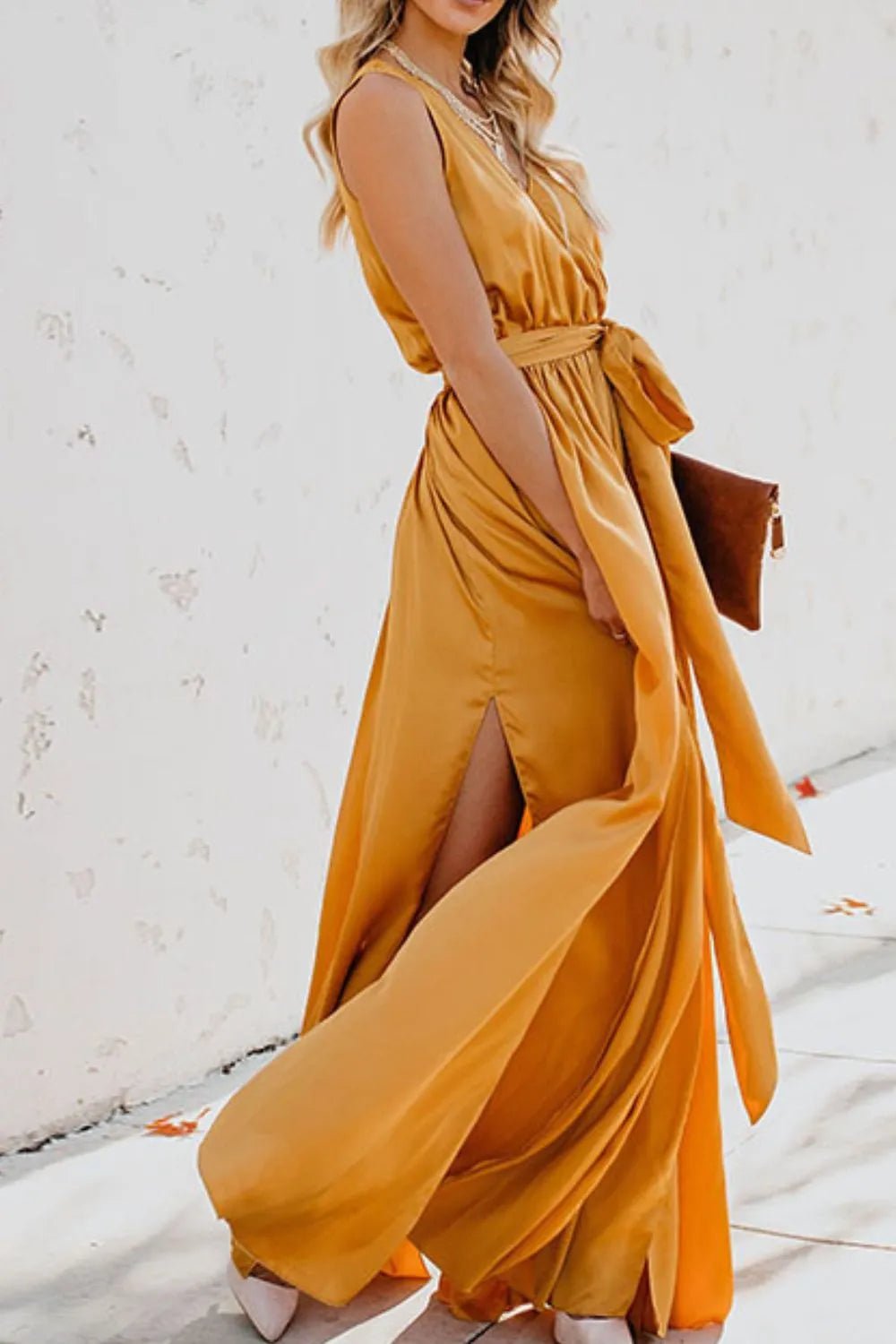 Surplice Tie Waist Maxi Dress - adritiX