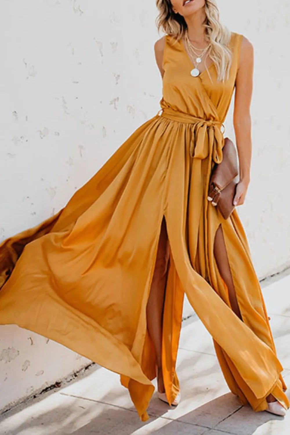 Surplice Tie Waist Maxi Dress - adritiX