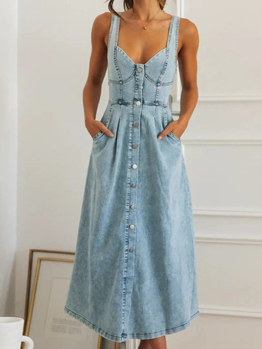 Sweetheart Neck Button - Front Midi Denim Dress - adritiX