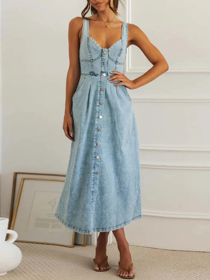 Sweetheart Neck Button - Front Midi Denim Dress - adritiX