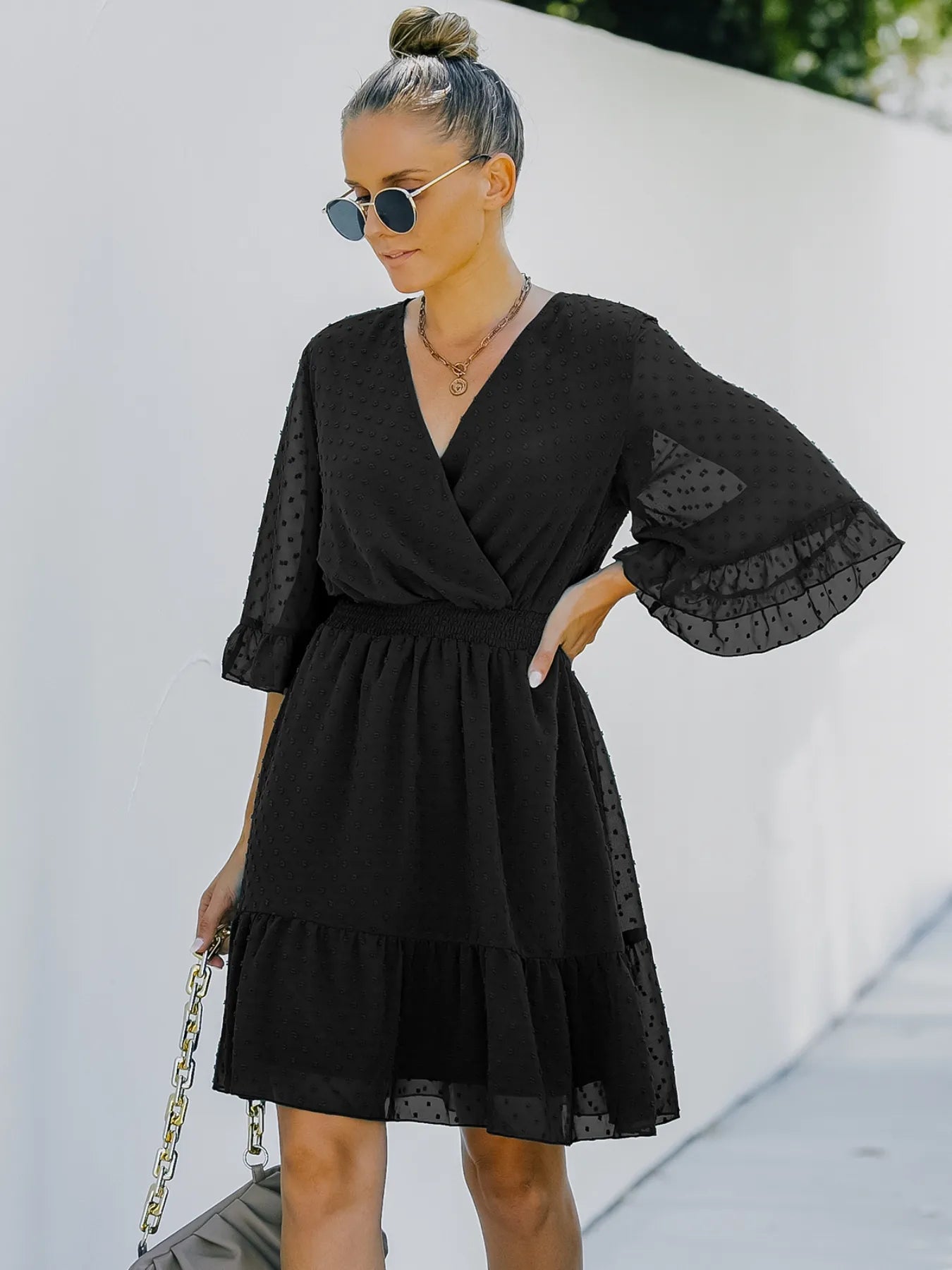 Swiss Dot Flare Sleeve Wrap Mini Dress - adritiX