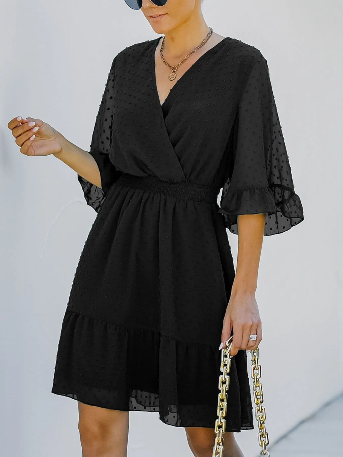 Swiss Dot Flare Sleeve Wrap Mini Dress - adritiX