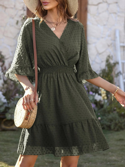 Swiss Dot Flare Sleeve Wrap Mini Dress - adritiX