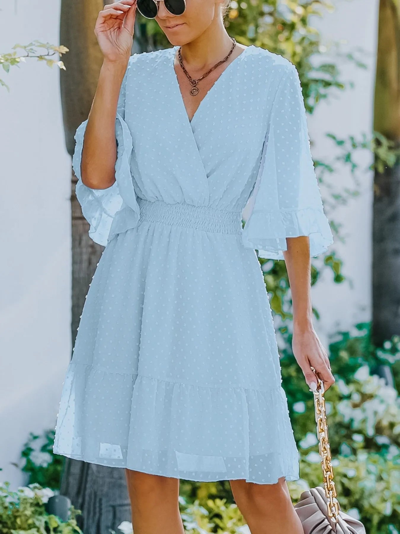 Swiss Dot Flare Sleeve Wrap Mini Dress - adritiX