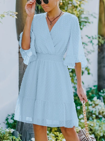 Swiss Dot Flare Sleeve Wrap Mini Dress - adritiX