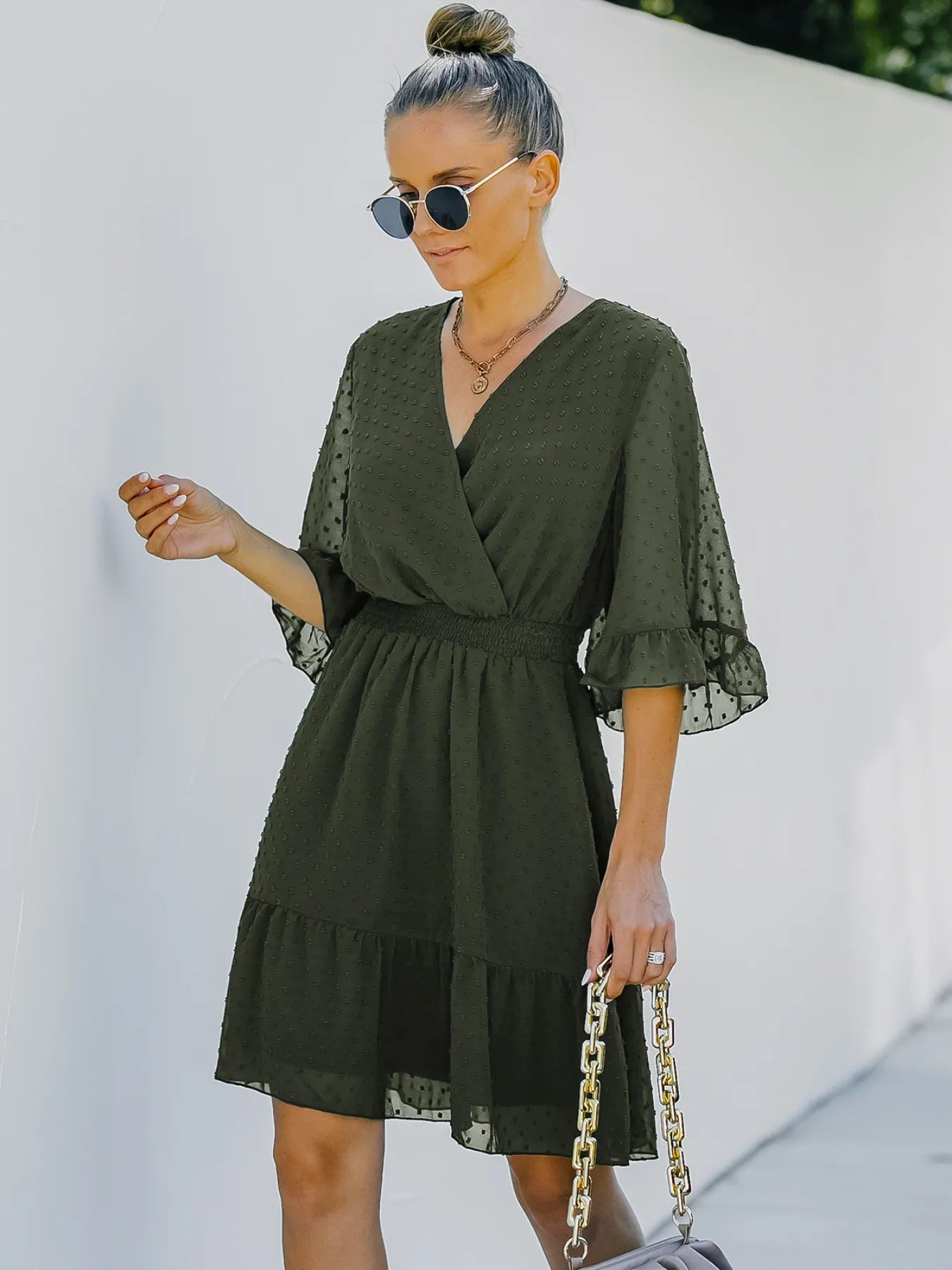 Swiss Dot Flare Sleeve Wrap Mini Dress - adritiX