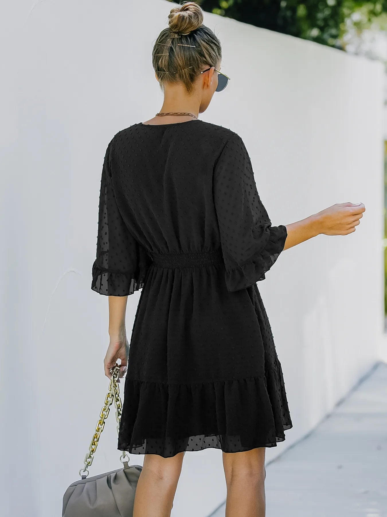 Swiss Dot Flare Sleeve Wrap Mini Dress - adritiX