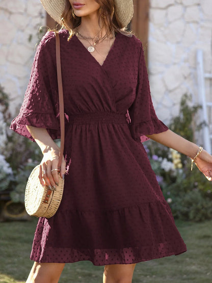 Swiss Dot Flare Sleeve Wrap Mini Dress - adritiX