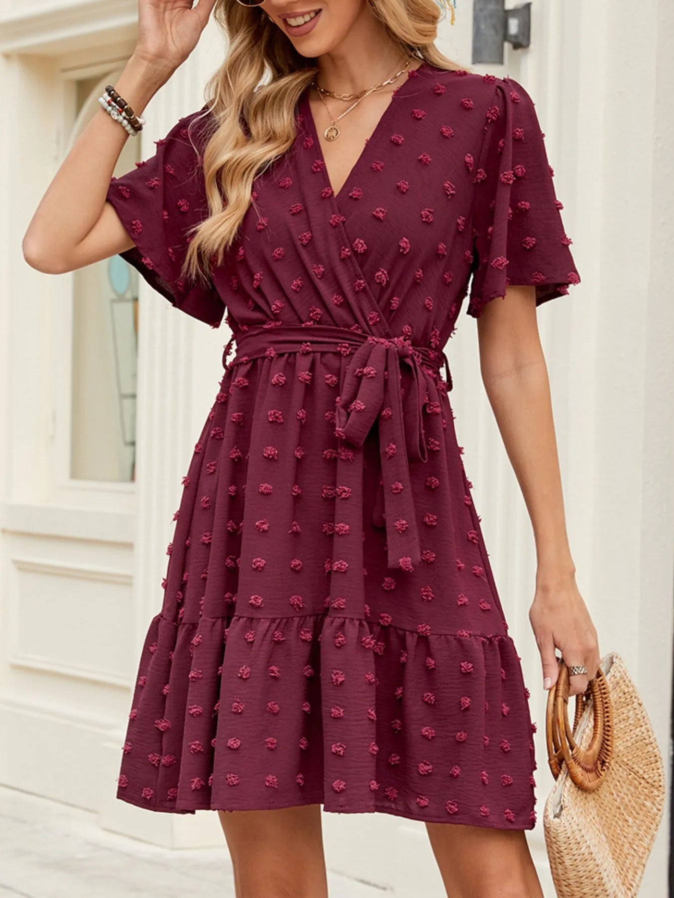 Swiss Dot Flutter Sleeve Wrap Dress - adritiX