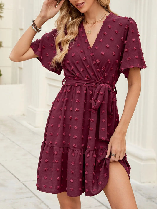 Swiss Dot Flutter Sleeve Wrap Dress - adritiX